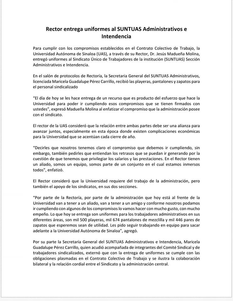 ENTREGA RECTOR DE LA UAS UNIFORMES A TRABAJADORES ADMINISTRATIVOS Y DE INTENDE