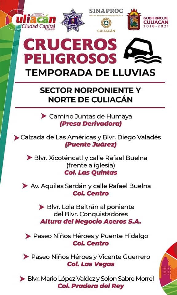 En Culiacán, hay 50 cruceros señalados como peligrosos durante las lluvias e inc En Culiacán, hay 50 cruceros señalados como peligrosos durante las lluvias e inc