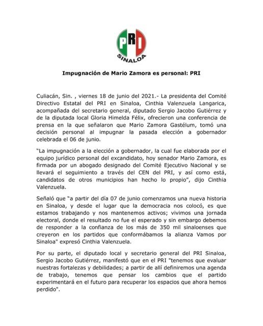 LA IMPUGNACIÓN DE MARIO ZAMORA A LA ELECCIÓN DE SINALOA ES PERSONAL: PRI.
 •De