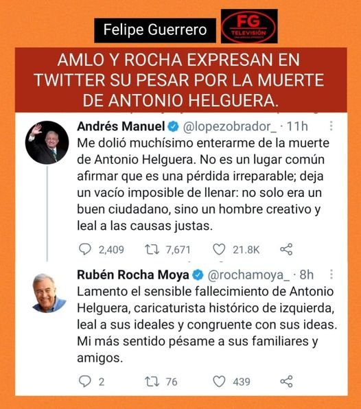 Pésame en twitter de AMLO y Rocha.