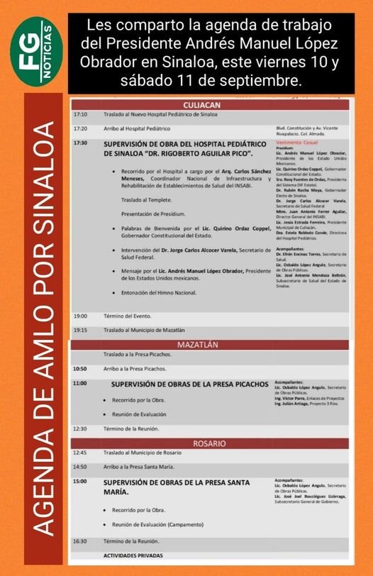 AGENDA OFICIAL DE LA GIRA DEL PRESIDENTE LÓPEZ OBRADOR POR SINALOA.