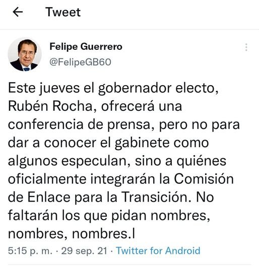 Aún no se dará a conocer el gabinete.