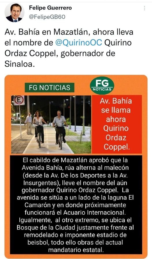 Av. Bahía en Mazatlán, ahora lleva el nombre del gobernador Quirino Ordaz Copp