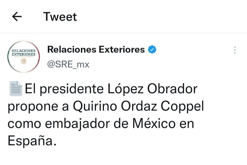 OFICIAL: QUIRINO ORDAZ SERÁ EL EMBAJADOR DE MÉXICO# EN ESPAÑA#