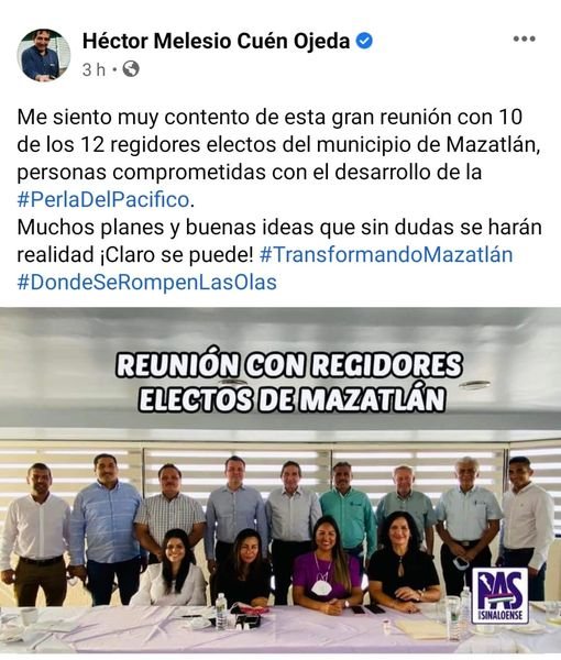 En su cuenta de Facebook, el líder del Partido Sinaloense, Héctor Melesio Cuén