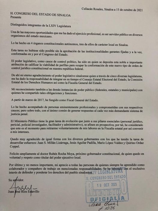 Oficial: Juan José Ríos Estavillo envía al Congreso de Sinaloa su renuncia como