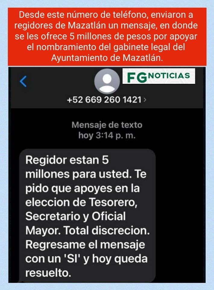 Cinco millones ofrecen a regidores de Mazatlán por votar a favor de la propuesta de funcionarios del gabinete legal.