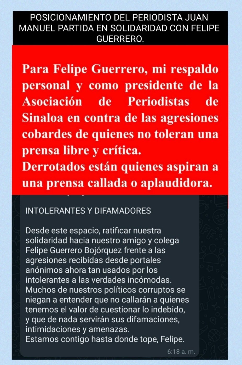 EL PRESIDENTE DE LA ASOCIACIÓN DE PERIODISTAS DE SINALOA, JUAN MANUEL PARTIDA, EN SOLIDARIDAD CON FELIPE GUERRERO.