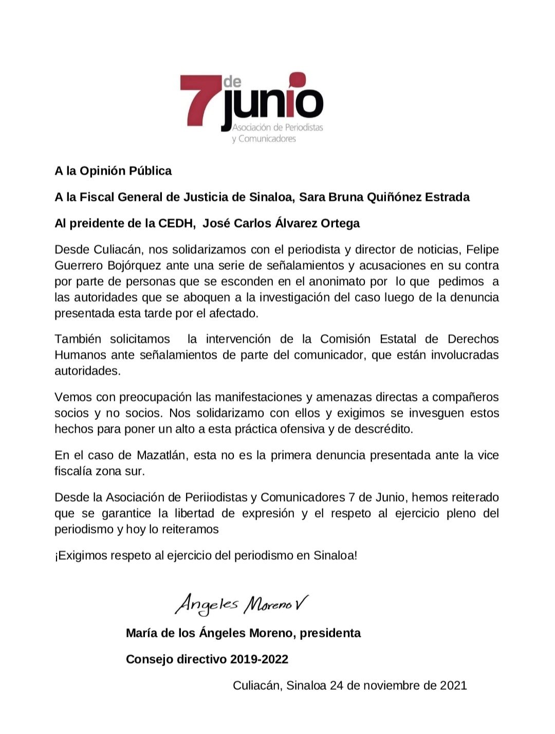 DE PIE EL GREMIO PERIODÍSTICO DE SINALOA EN APOYO A NUESTRO DIRECTOR FELIPE GUERRERO.