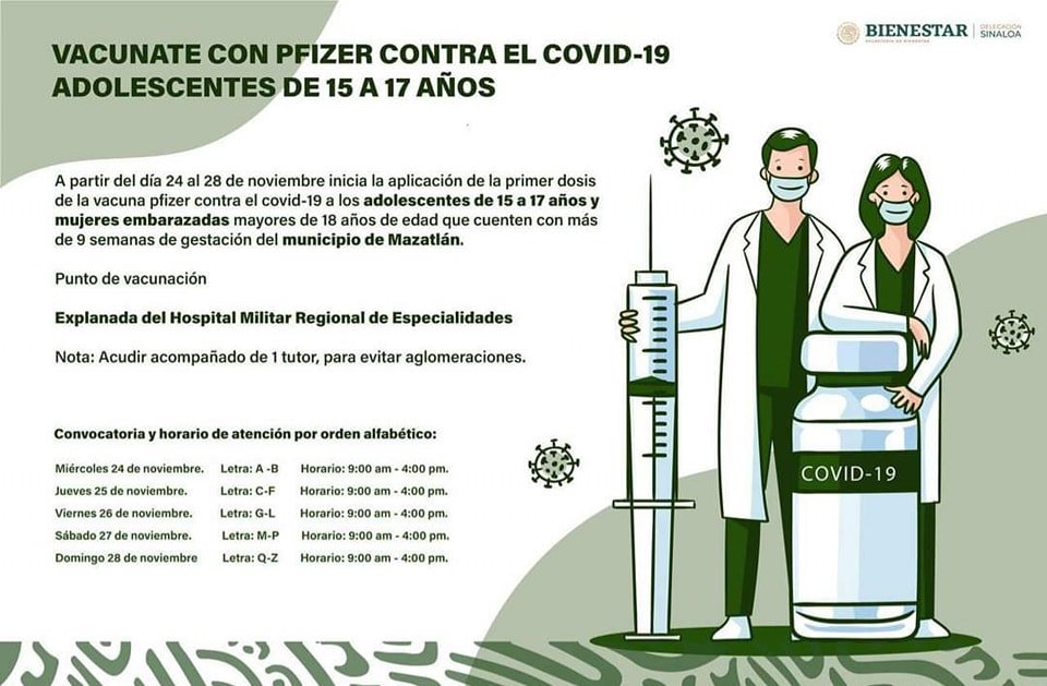 VACUNACIÓN CON PFIZER EN MAZATLÁN A EMBARAZADAS Y ADOLESCENTES DE 15 A 17 AÑOS, A PARTIR DE ESTE MIÉRCOLES Y HASTA EL DOMINGO.