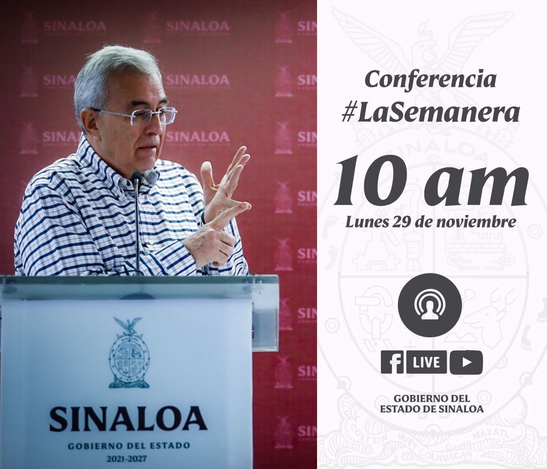 Amigas y amigos sinaloenses,#LaSemanera.🔴En vivo ⏱ 10 AM 📅 Lunes 29 de noviembre de 2021 🎥 Facebook Live – Gobierno del Estado de Sinaloa ▶️ Youtube – Gobierno del Estado de Sinaloa Amigas y amigos sinaloenses,#LaSemanera.🔴En vivo ⏱ 10 AM 📅 Lunes 29 de noviembre de 2021 🎥 Facebook Live – Gobierno del Estado de Sinaloa ▶️ Youtube – Gobierno del Estado de Sinaloa