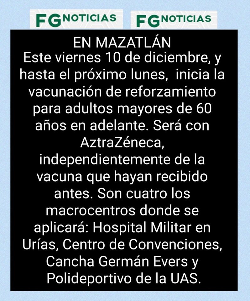INICIA ESTE VIERNES VACUNACIÓN PARA ADULTOS MAYORES EN MAZATLÁN.