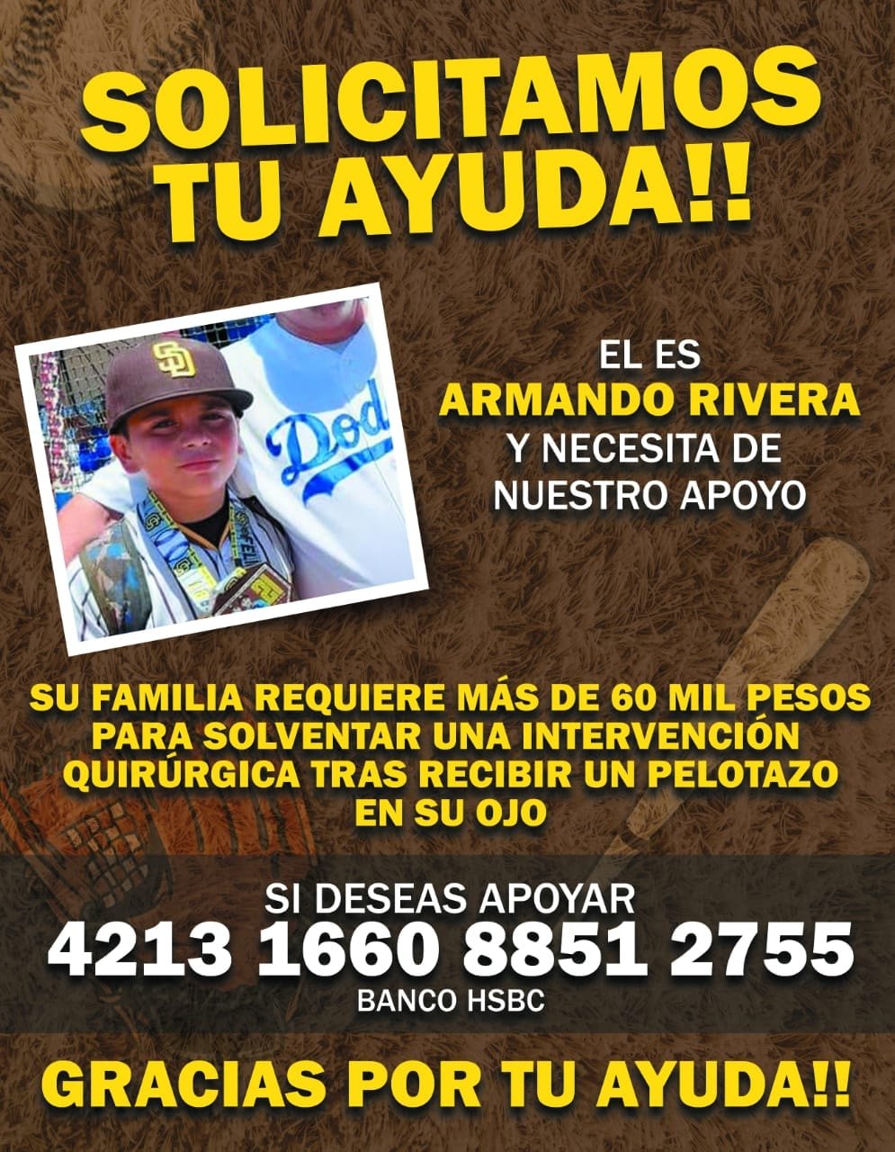 Este niño deportista requiere nuestro apoyo. Recibió un pelotazo en un ojo y su operación cuesta más de 60 mil pesos.