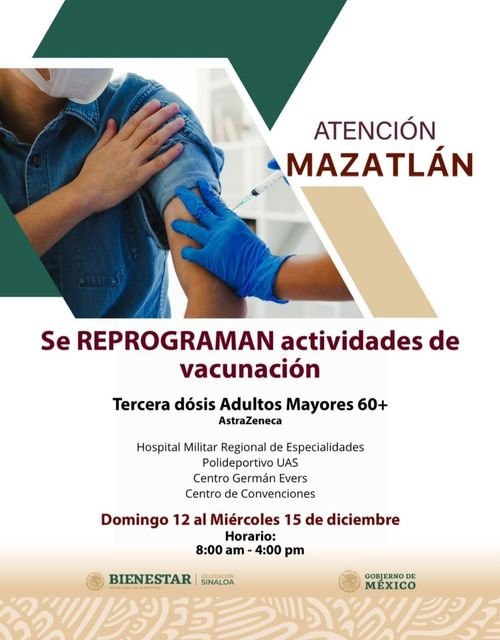ATENCIÓN MAZATLÁN, SE REPROGRAMA LA VACUNACIÓN PARA ADULTOS DE 60 Y MÁS.