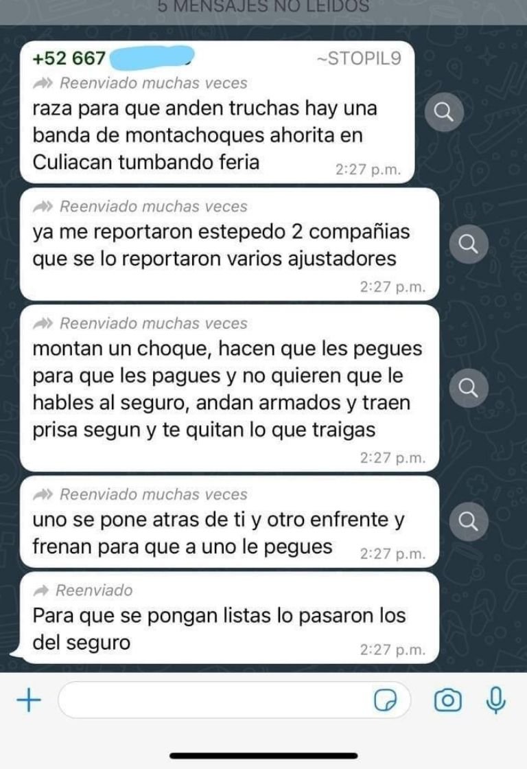 “Raza, para que anden truchas”: ¿”Montachoques” en Culiacán? Esto dice SP tras mensajes por WhatsApp “Raza, para que anden truchas”: ¿”Montachoques” en Culiacán? Esto dice SP tras mensajes por WhatsApp