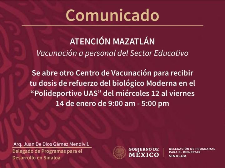 ATENCIÓN MAZATLÁN.
 SE ABRE EL POLIDEPORTIVO DE LA UAS COMO CENTRO DE VACUNACI