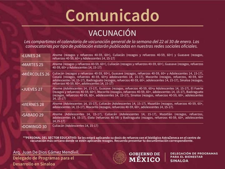 CALENDARIO DE VACUNACIÓN PARA EL ESTADO, DEL 22 AL 30 DE ENERO.