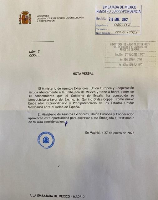 COMUNICADO OFICIAL DEL GOBIERNO ESPAÑOL DONDE OTORGA EL BENEPLÁCITO A QUIRINO