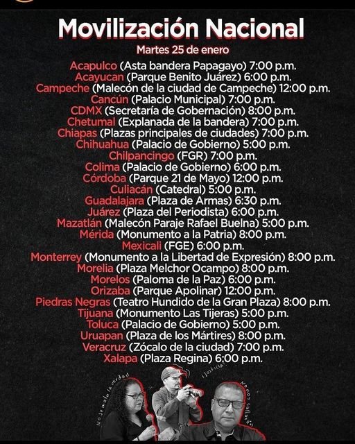 Este martes 25 de enero, protesta nacional contra crímenes a periodistas y por