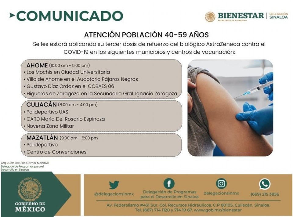INICIA ESTE SÁBADO 08 DE ENERO VACUNACIÓN PARA PERSONAS DE 40-59 AÑOS EN AHOME