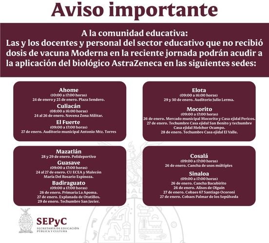 Se extiende vacunación a trabajadores de la educación en 10 municipios de Sinalo