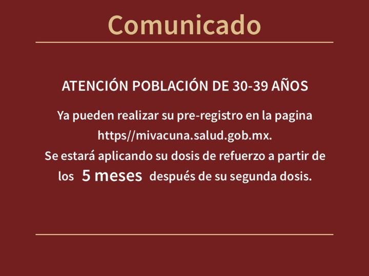 AVISO IMPORTANTE..
 LA POBLACIÓN DE 30 A 39 AÑOS YA PUEDEN REALIZAR SU PRE-REG