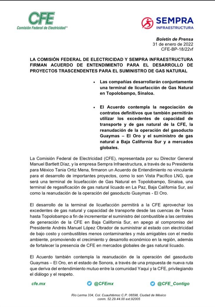 LICUARÁN GAS NATURAL EN TOPOLOBAMPO.
 
 FIRMA CFE CONVENIO CON EMPRESA PARA IN