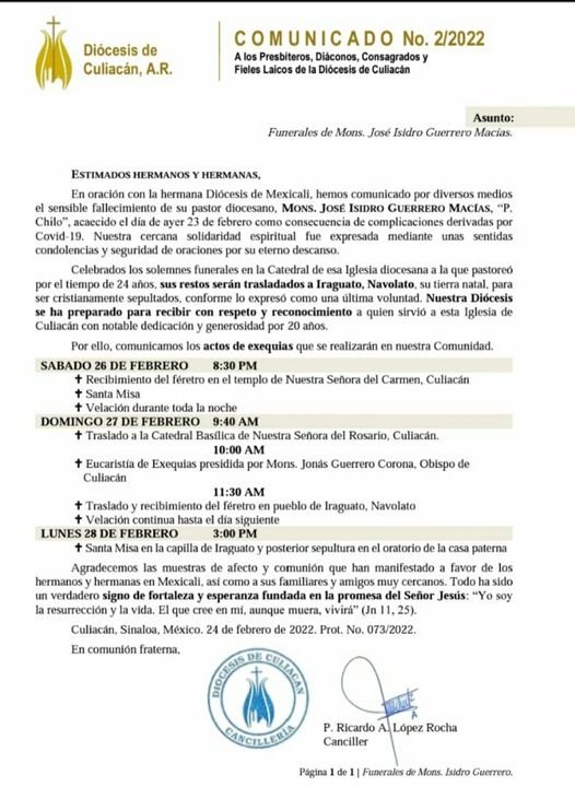 MUERE EL OBISPO MONS. JOSÉ ISIDRO GUERRERO MACÍAS.