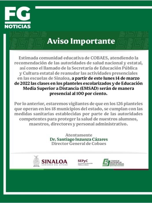 CLASES TOTALMENTE PRESENCIALES EN COBAES A PARTIR DEL PRÓXIMO LUNES 14 DE MARZ
