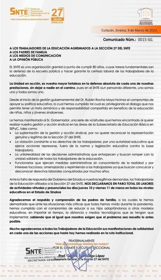 DOCENTES DE LA SECCIÓN 27 DEL SNTE SE DECLARAN EN PARO TOTAL  DE LABORES A PAR