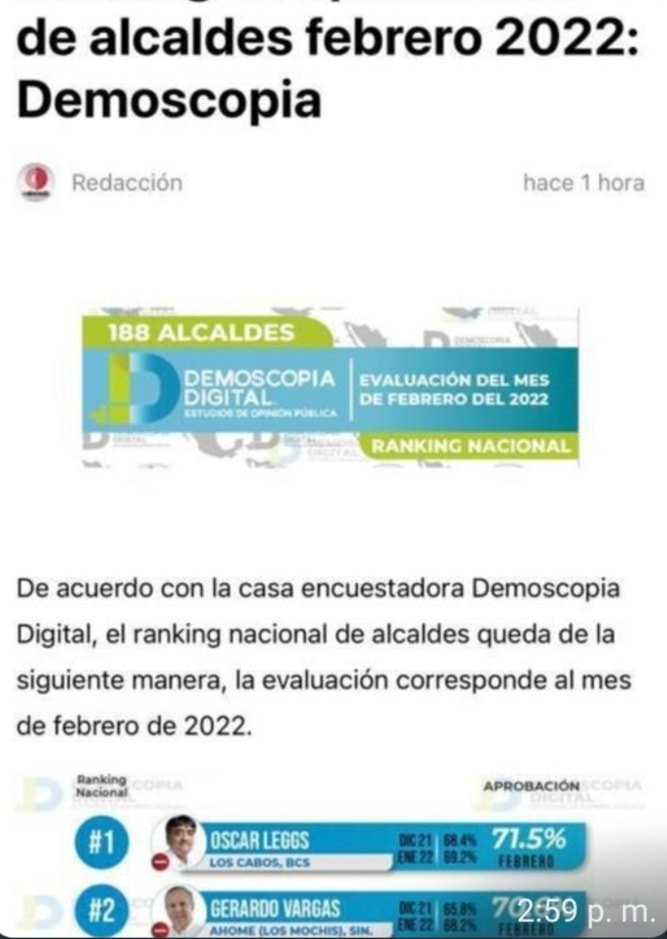 EN EL RANKING NACIONAL APROBACIONES DE ALCALDES DE MÉXICO, GERARDO VARGAS LANDER