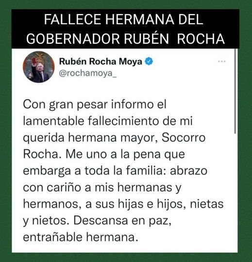 FALLECE HERMANA DEL GOBERNADOR RUBÉN ROCHA.