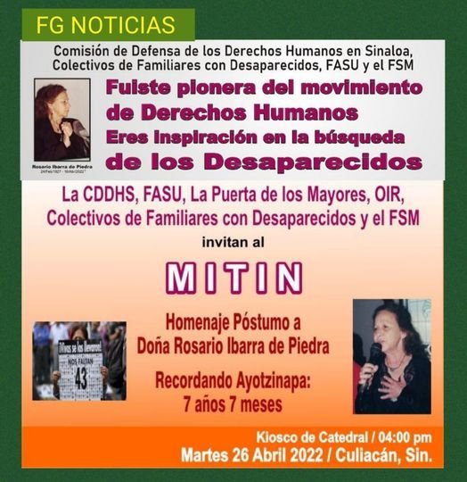 INVITACIÓN A MITIN EN MEMORIA DE DOÑA ROSARIO IBARRA DE PIEDRA.