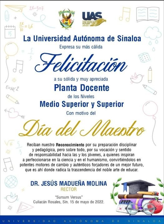 FELICITA RECTOR DE LA UAS A SU PLANTA DOCENTE POR DÍA DEL MAESTRO.