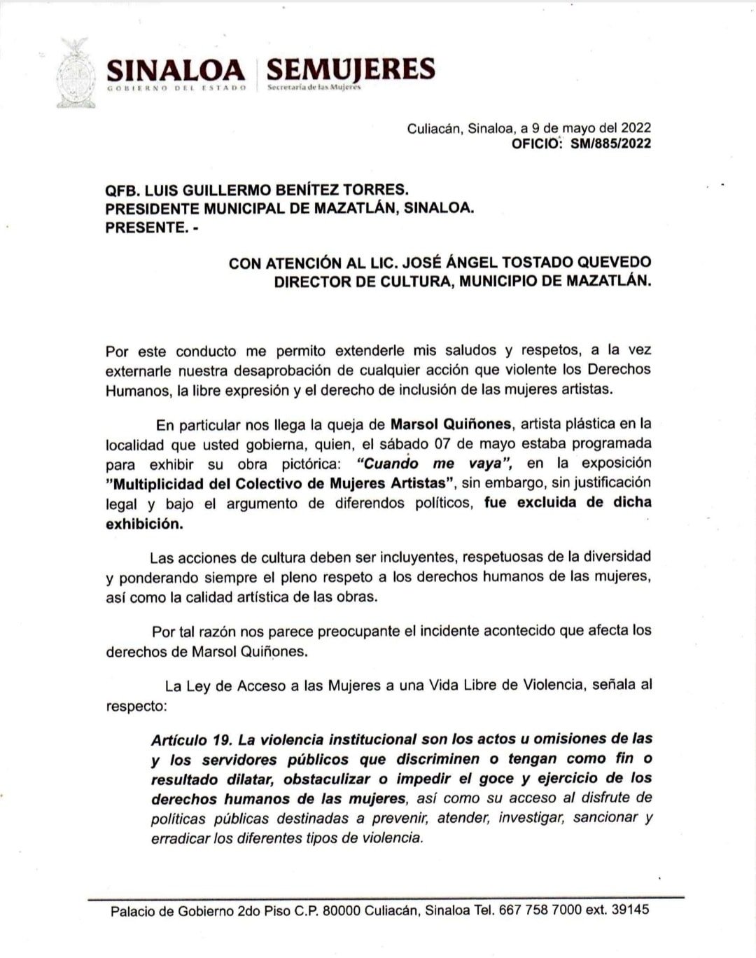 Pide mediante oficio,  la Doctora Tere Guerra, Secretaria de las Mujeres del Gob