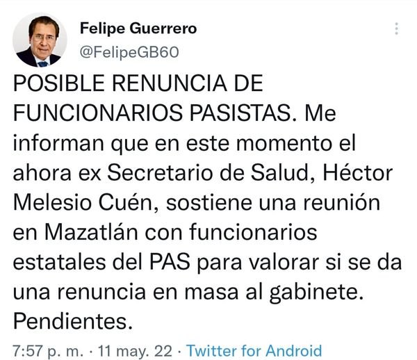 QUE PUEDEN DARSE RENUNCIAS AL GOBIERNONESTATAL  DE FUNCIONARIOS DEL PAS