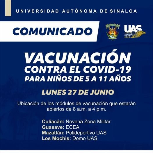 A PARTIR DE ESTE LUNES 27 DE JUNIO VACUNACIÓN CONTRA COVID EN SINALOA PARA MEN