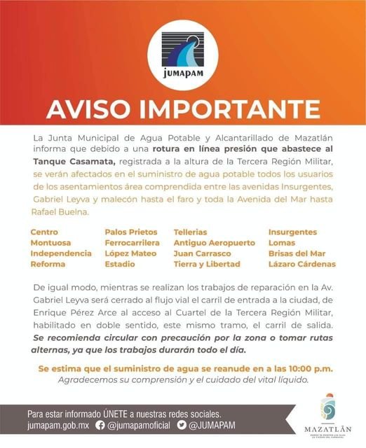 AVISO DE ÚLTIMA HORA..SIN AGUA EN VARIAS COLONIAS DEL PUERTO
 Te informamos qu