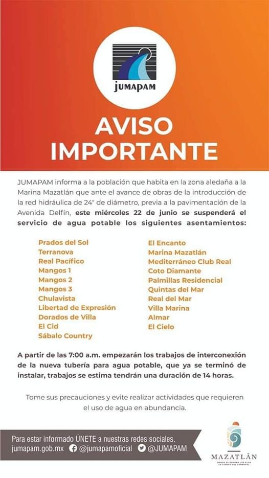 ESTE MIERCOLES 21 COLONIAS DE MAZATLÁN TENDRÁN CORTE DE AGUA