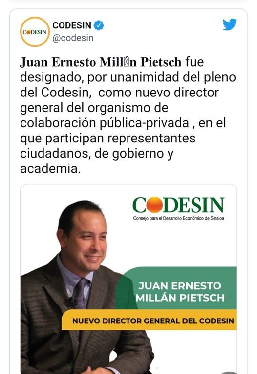 JUAN ERNESTO MILLÁN PIETSCH FUE NOMBRADO DIRECTOR GENERAL DE CODESIN.
