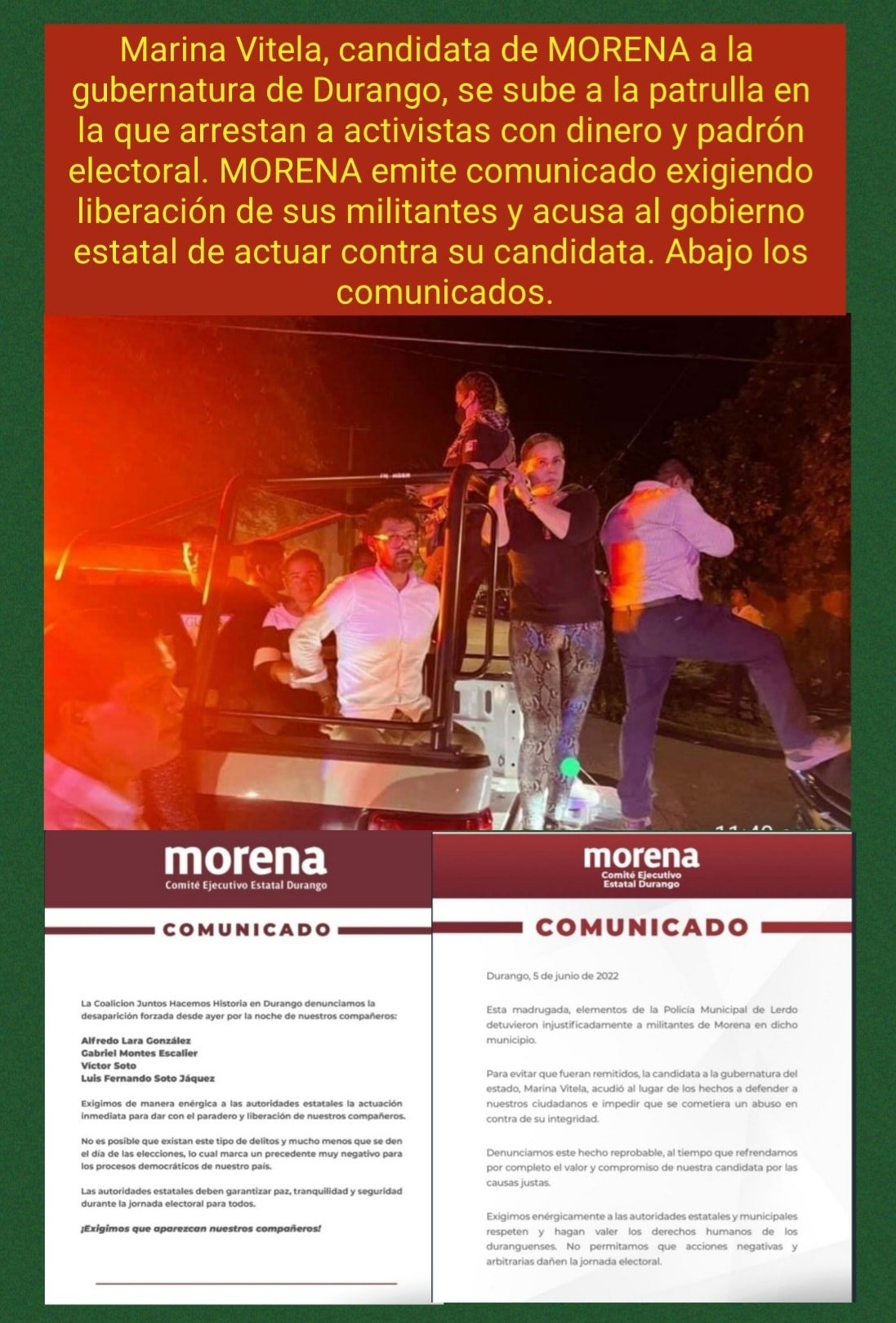 OPERATIVOS Y ACUSACIONES MUTUAS ENTRE MORENA Y PRI-PAN-PRD EN DURANGO.