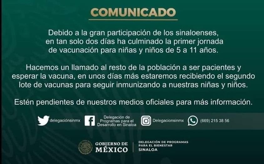 SIN VACUNAS PARA NIÑOS DE 5 a 11 AÑOS , HASTA NUEVO AVISO,