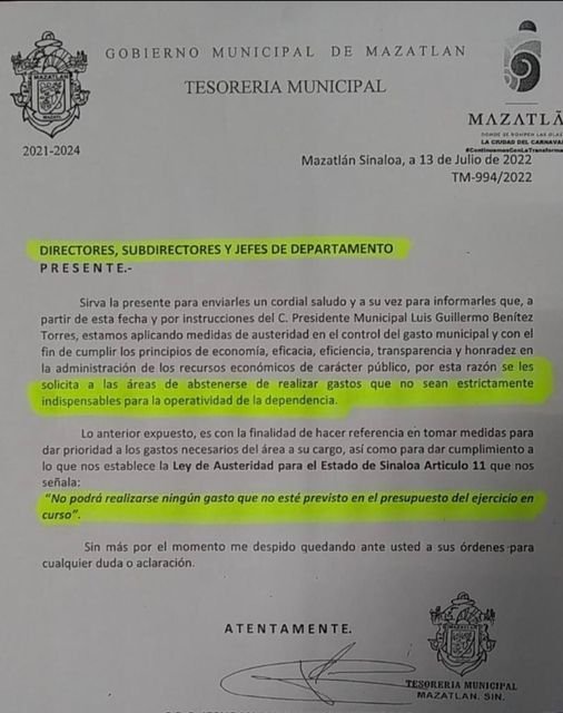 EL ALCALDE DE MAZATLÁN, QUÍMICO BENÍTEZ, PIDE AUSTERIDAD PIDE A SUS FUNCIONARI