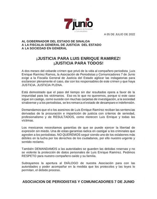 EXIGE LA ASOCIACIÓN DE PERIODISTAS «7 DE JUNIO» JUSTICIA ANTE EL ASESINATO DE