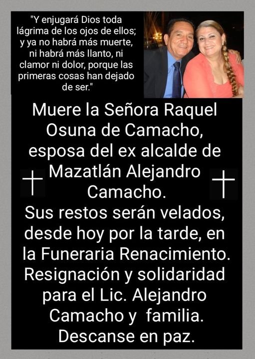 MUERE LA SEÑORA RAQUEL OSUNA DE CAMACHO.
