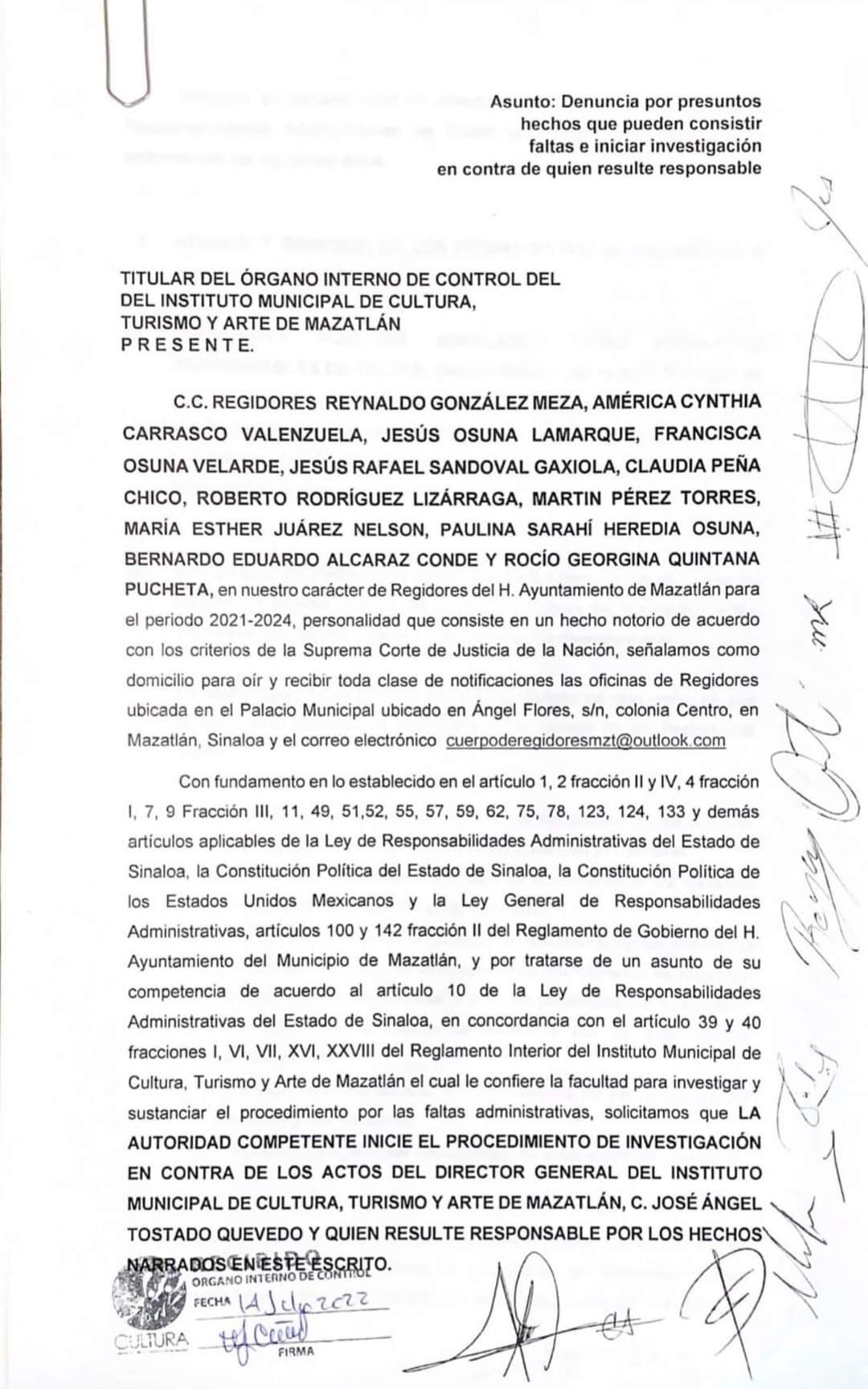 PIDEN REGIDORES DE MAZATLÁN INVESTIGACIÓN EN CONTRA DE JOSÉ ÁNGEL TOSTADO, DIR