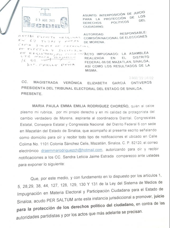 IMPUGNAN RESULTADOS DE LA ELECCIÓN INTERNA DE MORENA EN EL DISTRITO 06 CON SEDE