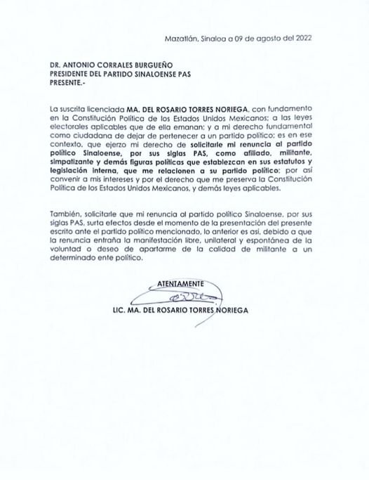 Oficio enviado a la dirigencia estatal del Partido Sinaloense por María del Rosa