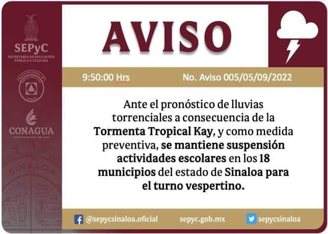 AMPLÍAN SUSPENSIÓN DE CLASES DE ESTE LUNES AL TURNO VESPERTINO