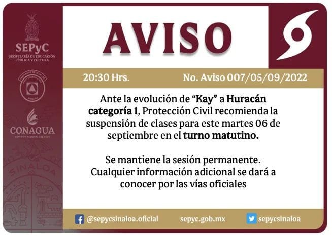 Atención  Por recomendación de Proteccion Civil Gobierno Sinaloa se suspenden cl